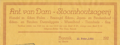 712315 Briefhoofd van een brief van A. van Dam, Stoomhoutzagerij, Bunnik bij Utrecht, gericht aan de directeur van de ...